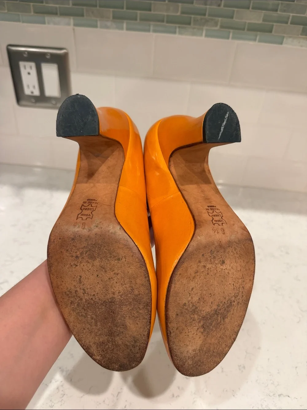 John Fluevog Patent Orange Round-Toe Block Heel Pumps Size 8.5 Dopamine Dressing